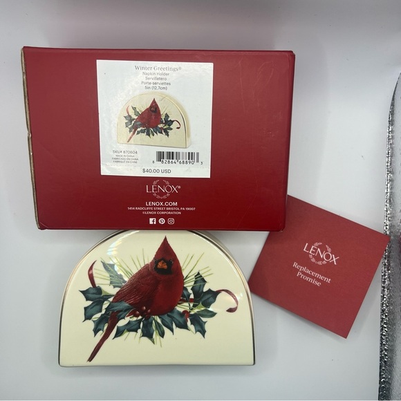 Lenox Winter Greetings Napkin Holder RED CARDINAL Porcelain NEW OPEN BOX - Picture 3 of 10